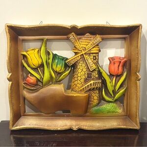 Vintage 70's Chalkware Wall Plaque - Dutch Theme Tulips Windmill Wooden Shoe MCM